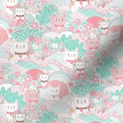 Sakura Cats -Mini- Cherry Blossom- Spring- Japanese Manekineko- Lucky Cat- Japan- Pink- Mint- Cotton Candy- Seaglass- Wallpaper- Home Decor Fabric- Kidcore- Kawaii- Cute