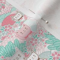 Sakura Cats -Mini- Cherry Blossom- Spring- Japanese Manekineko- Lucky Cat- Japan- Pink- Mint- Cotton Candy- Seaglass- Wallpaper- Home Decor Fabric- Kidcore- Kawaii- Cute