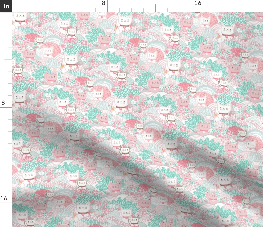 Sakura Cats -Mini- Cherry Blossom- Spring- Japanese Manekineko- Lucky Cat- Japan- Pink- Mint- Cotton Candy- Seaglass- Wallpaper- Home Decor Fabric- Kidcore- Kawaii- Cute