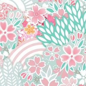 Sakura Bloom -Large- Cherry Blossom- Spring Flowers- Japanese Floral- Japan- Pink- Mint- Cotton Candy- Seaglass- Wallpaper- Home Decor Fabric- Kidcore- Kawaii- Cute