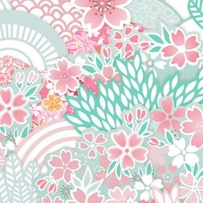 Sakura Bloom -Medium- Cherry Blossom- Spring Flowers- Japanese Floral- Japan- Pink- Mint- Cotton Candy- Seaglass- Wallpaper- Home Decor Fabric- Kidcore- Kawaii- Cute