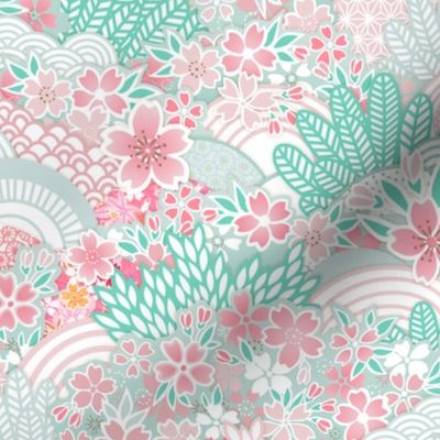 Sakura Bloom -Small- Cherry Blossom- Spring Flowers- Japanese Floral- Japan- Pink- Mint- Cotton Candy- Seaglass- Wallpaper- Home Decor Fabric- Kidcore- Kawaii- Cute