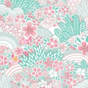Sakura Bloom -Small- Cherry Blossom- Spring Flowers- Japanese Floral- Japan- Pink- Mint- Cotton Candy- Seaglass- Wallpaper- Home Decor Fabric- Kidcore- Kawaii- Cute