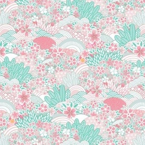 Sakura Bloom -Mini - Cherry Blossom- Spring Flowers- Japanese Floral- Japan- Pink- Mint- Cotton Candy- Seaglass- Wallpaper- Home Decor Fabric- Kidcore- Kawaii- Cute