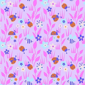 Spring Meadow with ladybugs - light violet background - middle scale