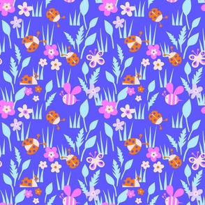 Spring Meadow with ladybugs -  violet, blue background - middle scale