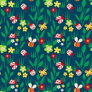 Bugs-Butterflies-Spring Meadow with ladybugs - dark green background - middle scale-06
