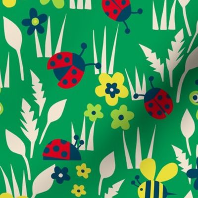 Spring Meadow with ladybugs - dark green background - middle scale