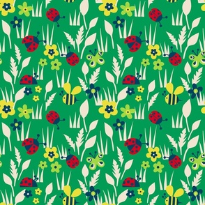 Spring Meadow with ladybugs - dark green background - middle scale