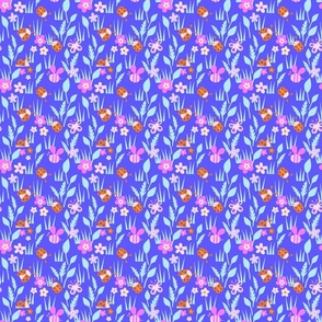 Spring Meadow with ladybugs -  violet, blue background - small scale