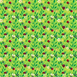 Spring Meadow with ladybugs - light green background - small scale