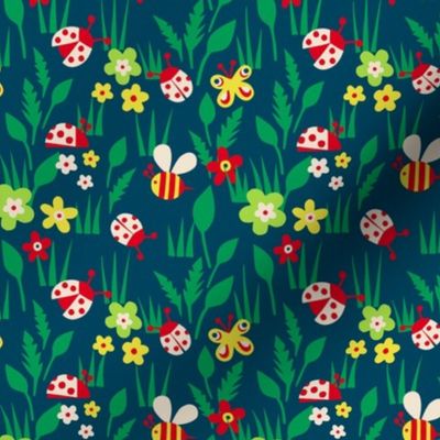 Spring Meadow with ladybugs - dark green background - small scale