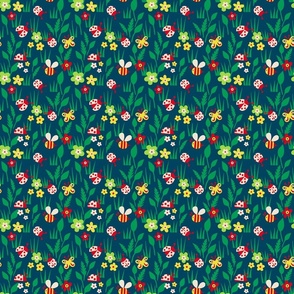 Spring Meadow with ladybugs - dark green background - small scale