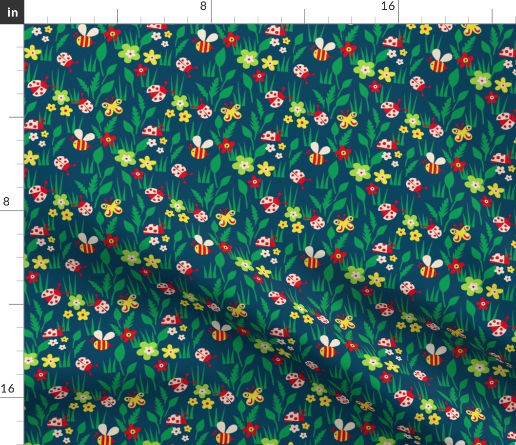 Spring Meadow with ladybugs - dark green background - small scale