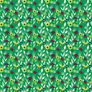 Spring Meadow with ladybugs - dark green background - small scale