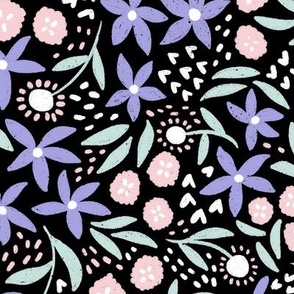 Pastel floral on black background - medium scale