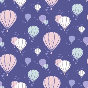 Pastel hot air balloons with birds on purple background