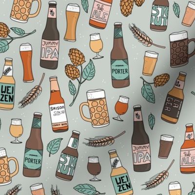 Cheers craft beer brewery bottles and glasses ipa weizen lager happy birthday party in blue green on soft sage