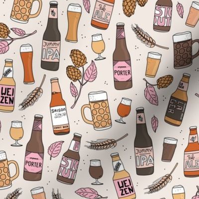 Cheers craft beer brewery bottles and glasses ipa weizen lager happy birthday party in pink blush on  cream