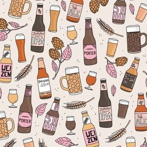Cheers craft beer brewery bottles and glasses ipa weizen lager happy birthday party in pink blush on  cream
