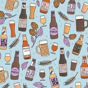 Cheers craft beer brewery bottles and glasses ipa weizen lager happy birthday party in brown caramel lilac on blue
