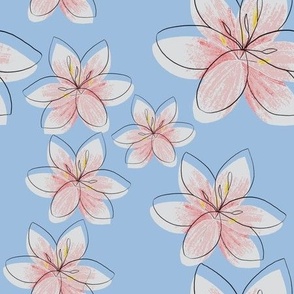 gentle white-pink flowers on a blue background elegant seamless pattern