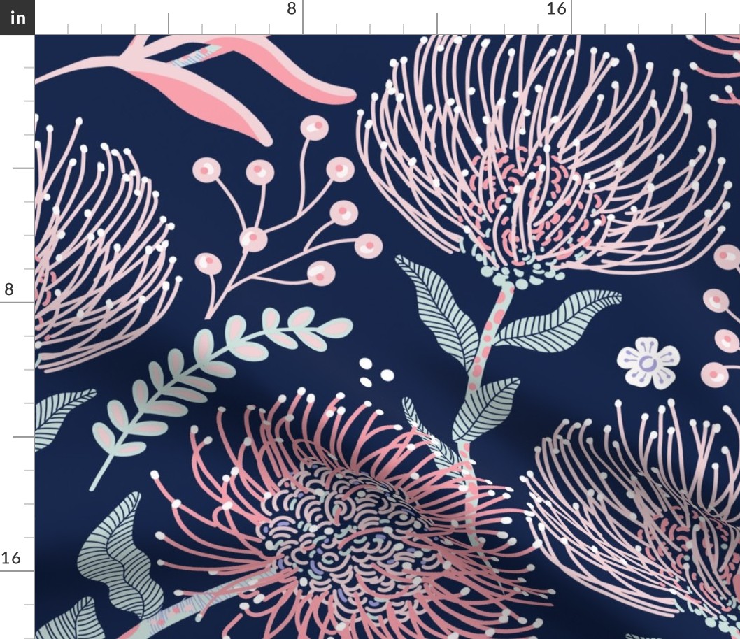Large Protea Pastels on Navy