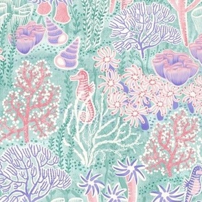 medium- Coral reef with seahorse in cotton candy, lilac and seaglass - medium scale