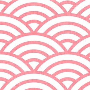 Japanese Waves- Coral on White- Large- Petal Cotton Solids Coordinate- Rainbows- Arches- Scallop- Mermaid Scales- Pink- Flamingo- Nursery Wallpaper- Large Scale