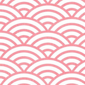 Japanese Waves- Coral on White- Medium- Petal Cotton Solids Coordinate- Rainbows- Arches- Scallop- Mermaid Scales- Pink- Flamingo- Nursery Wallpaper- Large Scale