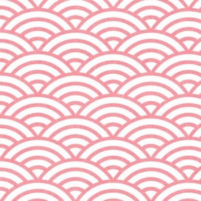 Japanese Waves- Coral on White- Small- Petal Cotton Solids Coordinate- Rainbows- Arches- Scallop- Mermaid Scales- Pink- Flamingo- Nursery Wallpaper- Large Scale