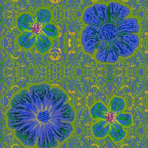 24" LARGE Hand painted Peri/Kiwi Exotic Floral on Ikat Batik