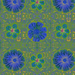 12" Hand painted Peri/Kiwi Exotic Floral on Ikat Batik