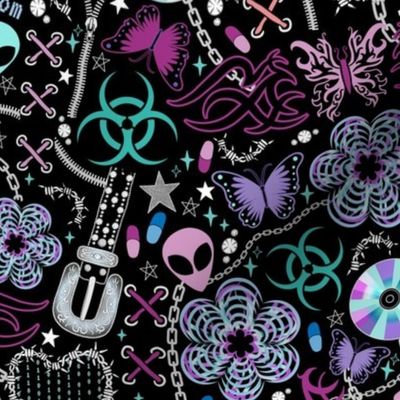 Cyber Y2K, retro - butterflies, chains, binary code, CDs, rave, goth, subculture, pills - magenta, purple, aqua green on black - medium