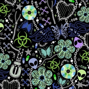 Cyber Y2K, retro - butterflies, chains, binary code, CDs, rave, goth, subculture, pills - blue, toxic green on black - large