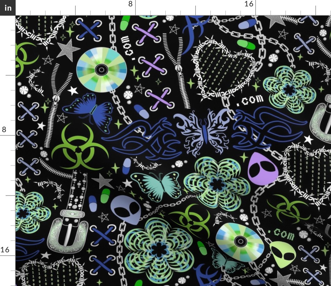 Cyber Y2K, retro - butterflies, chains, binary code, CDs, rave, goth, subculture, pills - blue, toxic green on black - large