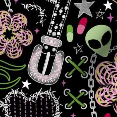 Cyber Y2K, retro - butterflies, chains, binary code, CDs, rave, goth, subculture, pills - pink and grass green on black - large