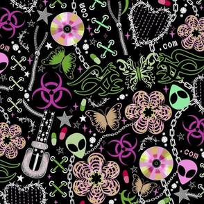 Cyber Y2K, retro - butterflies, chains, binary code, CDs, rave, goth, subculture, pills - pink and grass green on black - large