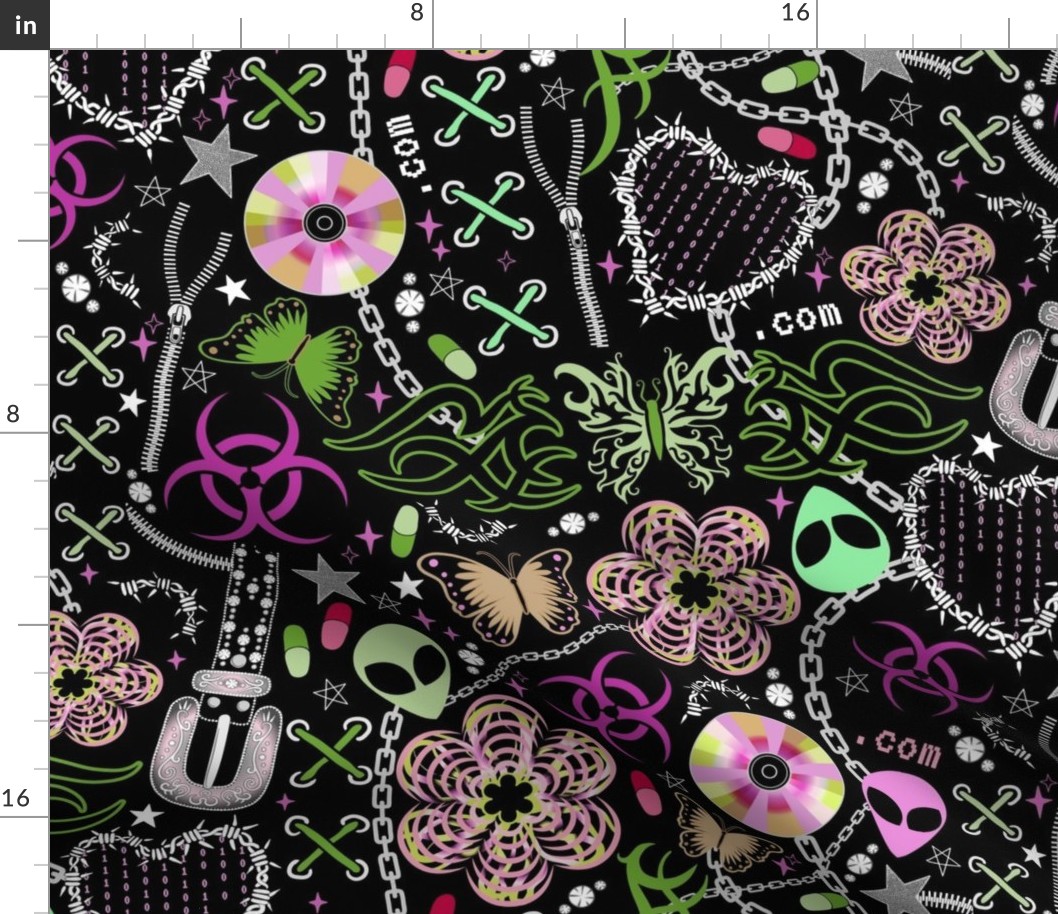 Cyber Y2K, retro - butterflies, chains, binary code, CDs, rave, goth, subculture, pills - pink and grass green on black - large