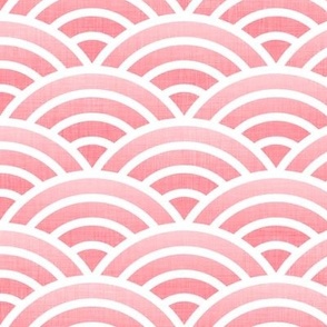 Japanese Waves- White on Coral- Medium- Petal Cotton Solids Coordinate- Rainbows- Arches- Scallop- Mermaid Scales- Pink- Flamingo- Nursery Wallpaper- Large Scale