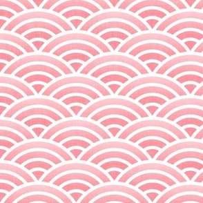 Japanese Waves- White on Coral- Small- Petal Cotton Solids Coordinate- Rainbows- Arches- Scallop- Mermaid Scales- Pink- Flamingo- Nursery Wallpaper- Large Scale
