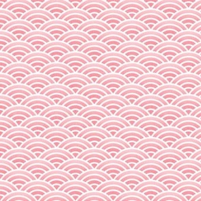 Japanese Waves- White on Coral- Mini- Petal Cotton Solids Coordinate- Rainbows- Arches- Scallop- Mermaid Scales- Pink- Flamingo- Nursery Wallpaper- Large Scale