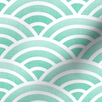 Japanese Waves- White on Mint- Large- Petal Cotton Solids Coordinate- Rainbows- Arches- Scallop- Mermaid Scales- Green- Blue- Light Turquoise- Pastel Colors- Nursery Wallpaper- Large Scale