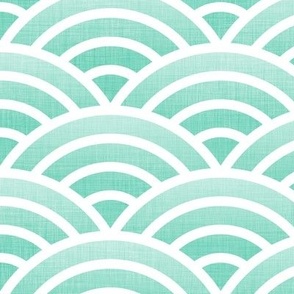Japanese Waves- White on Mint- Large- Petal Cotton Solids Coordinate- Rainbows- Arches- Scallop- Mermaid Scales- Green- Blue- Light Turquoise- Pastel Colors- Nursery Wallpaper- Large Scale