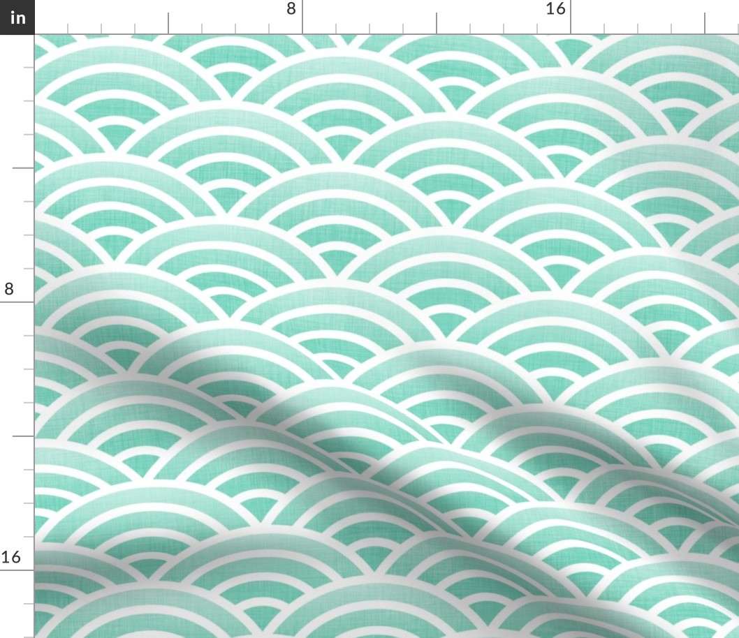 Japanese Waves- White on Mint- Large- Petal Cotton Solids Coordinate- Rainbows- Arches- Scallop- Mermaid Scales- Green- Blue- Light Turquoise- Pastel Colors- Nursery Wallpaper- Large Scale