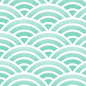 Japanese Waves- White on Mint- Medium- Petal Cotton Solids Coordinate- Rainbows- Arches- Scallop- Mermaid Scales- Green- Blue- Light Turquoise- Pastel Colors- Nursery Wallpaper- Large Scale
