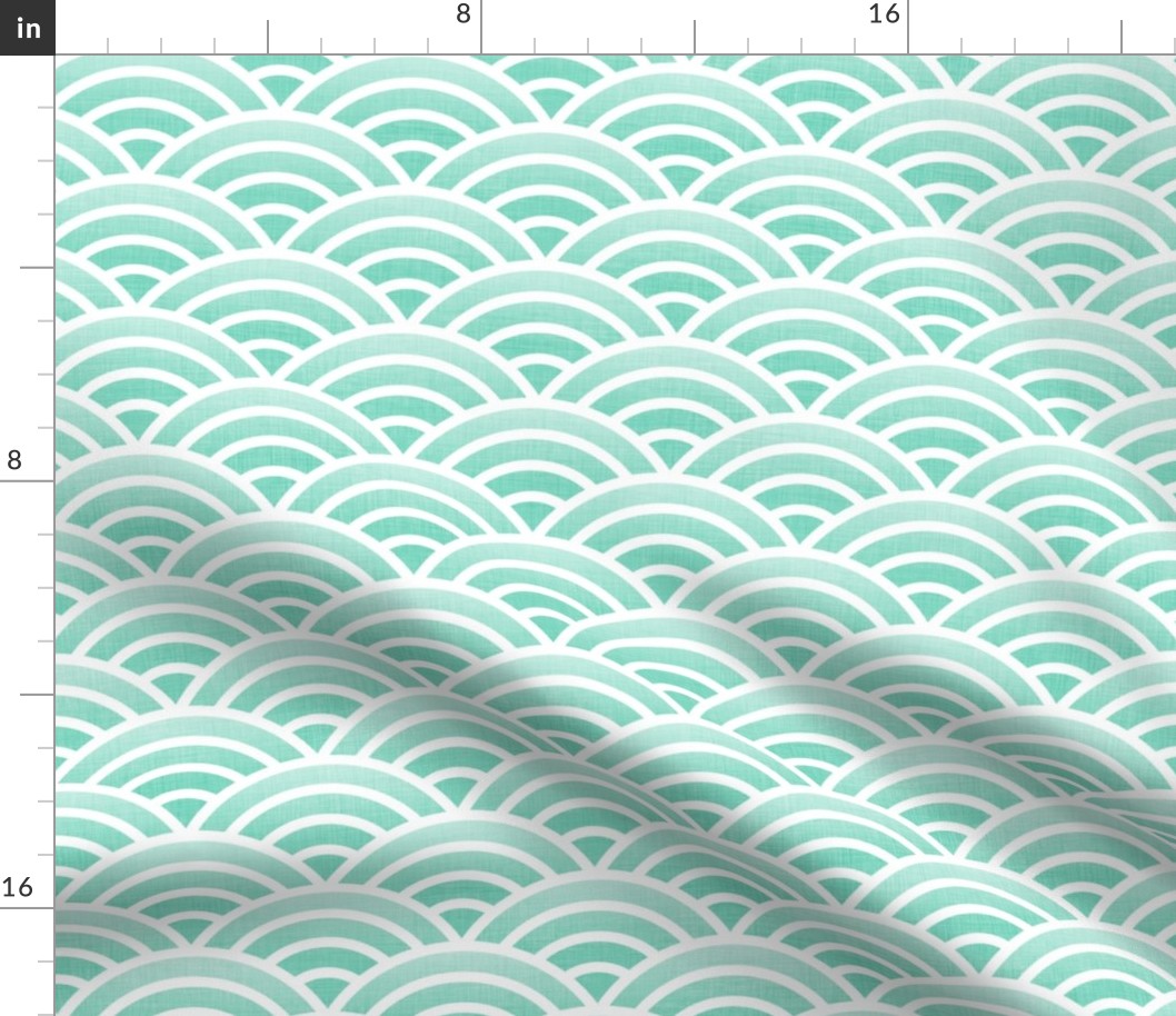 Japanese Waves- White on Mint- Medium- Petal Cotton Solids Coordinate- Rainbows- Arches- Scallop- Mermaid Scales- Green- Blue- Light Turquoise- Pastel Colors- Nursery Wallpaper- Large Scale