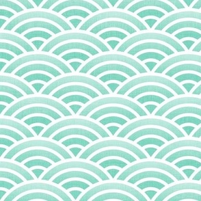 Japanese Waves- White on Mint- Small- Petal Cotton Solids Coordinate- Rainbows- Arches- Scallop- Mermaid Scales- Green- Blue- Light Turquoise- Pastel Colors- Nursery Wallpaper- Large Scale