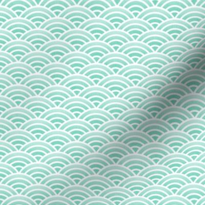 Japanese Waves- White on Mint- Mini- Petal Cotton Solids Coordinate- Rainbows- Arches- Scallop- Mermaid Scales- Green- Blue- Light Turquoise- Pastel Colors- Nursery Wallpaper- Large Scale