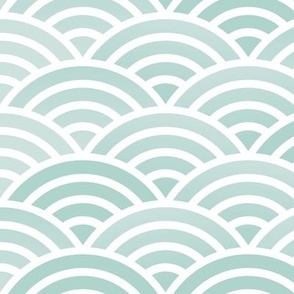Japanese Waves- White on Sea Glass- Medium- Petal Cotton Solids Coordinate- Rainbows- Arches- Scallop- Mermaid Scales- Green- Blue- Light Turquoise- Pastel Colors- Nursery Wallpaper